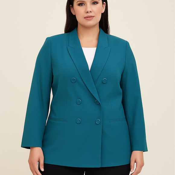 New Jessica London Teal Blazer Suit Jacket Plus 24P 24 Petite Double Breasted - Picture 1 of 6